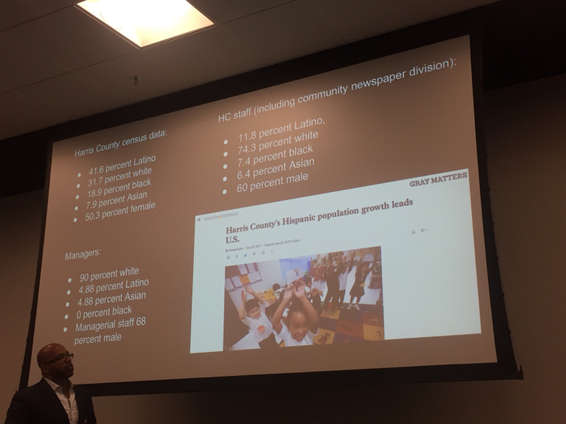 Martin G. Reynolds, co-executive director of the Maynard Institute for Journalism Education, compares diversity statistics for the Houston area with those in the Houston Chronicle newsroom in a June 27 training session at the Chronicle.